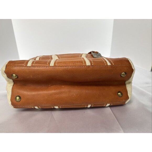 Frye Tan Leather & Canvas Mini Satchel Handbag With Double Handles & Zipper Clos - Picture 7 of 16